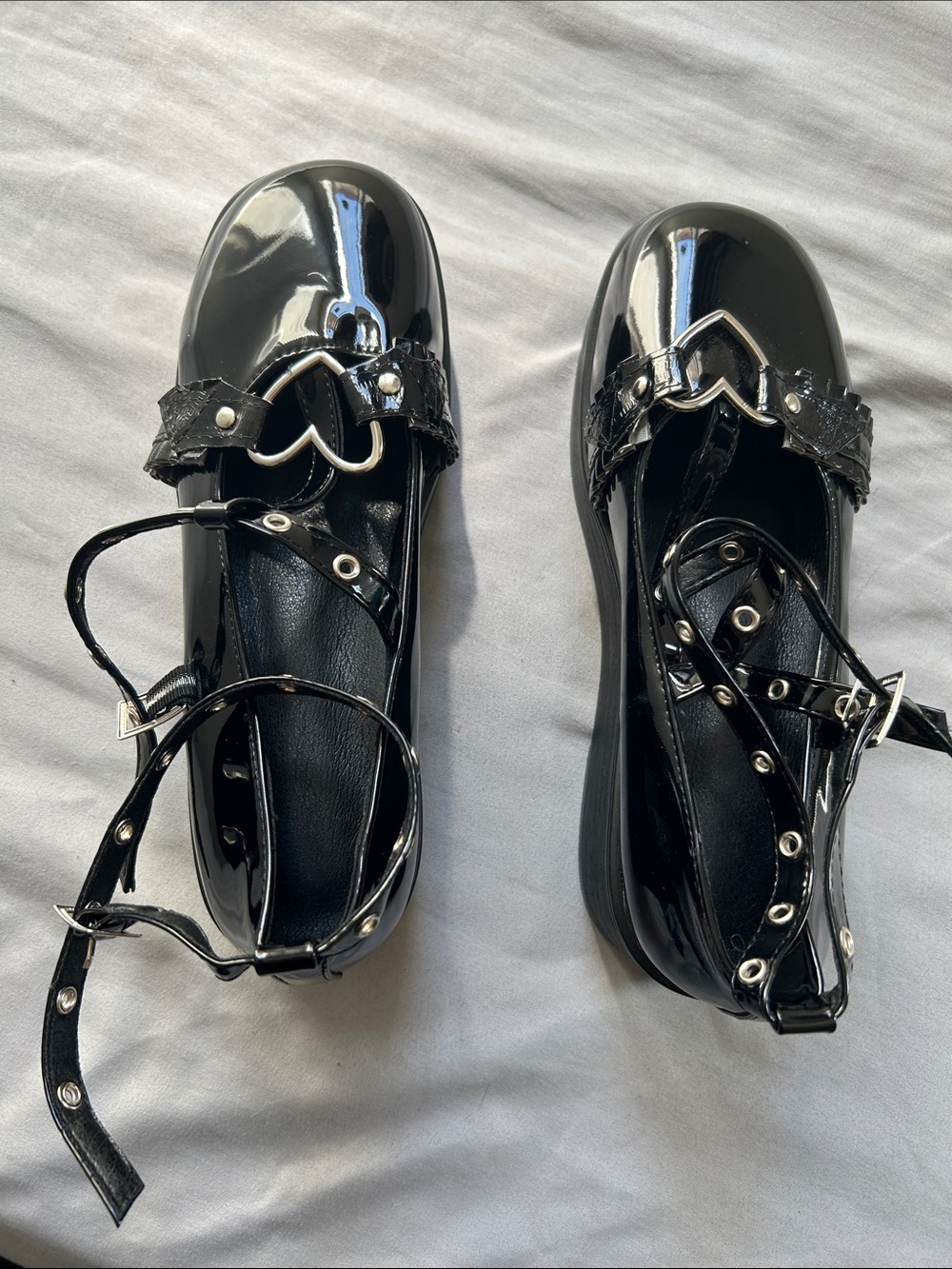 Black Patent Heart-Accent Mary Jane Flats with Ankle Straps